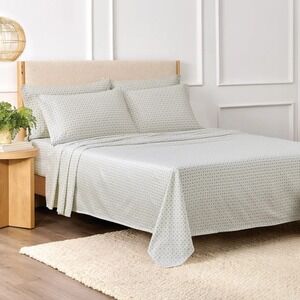 Purely Organic QUEEN 300TC 100% Cotton 5 Piece Sheet Set Sage Green White